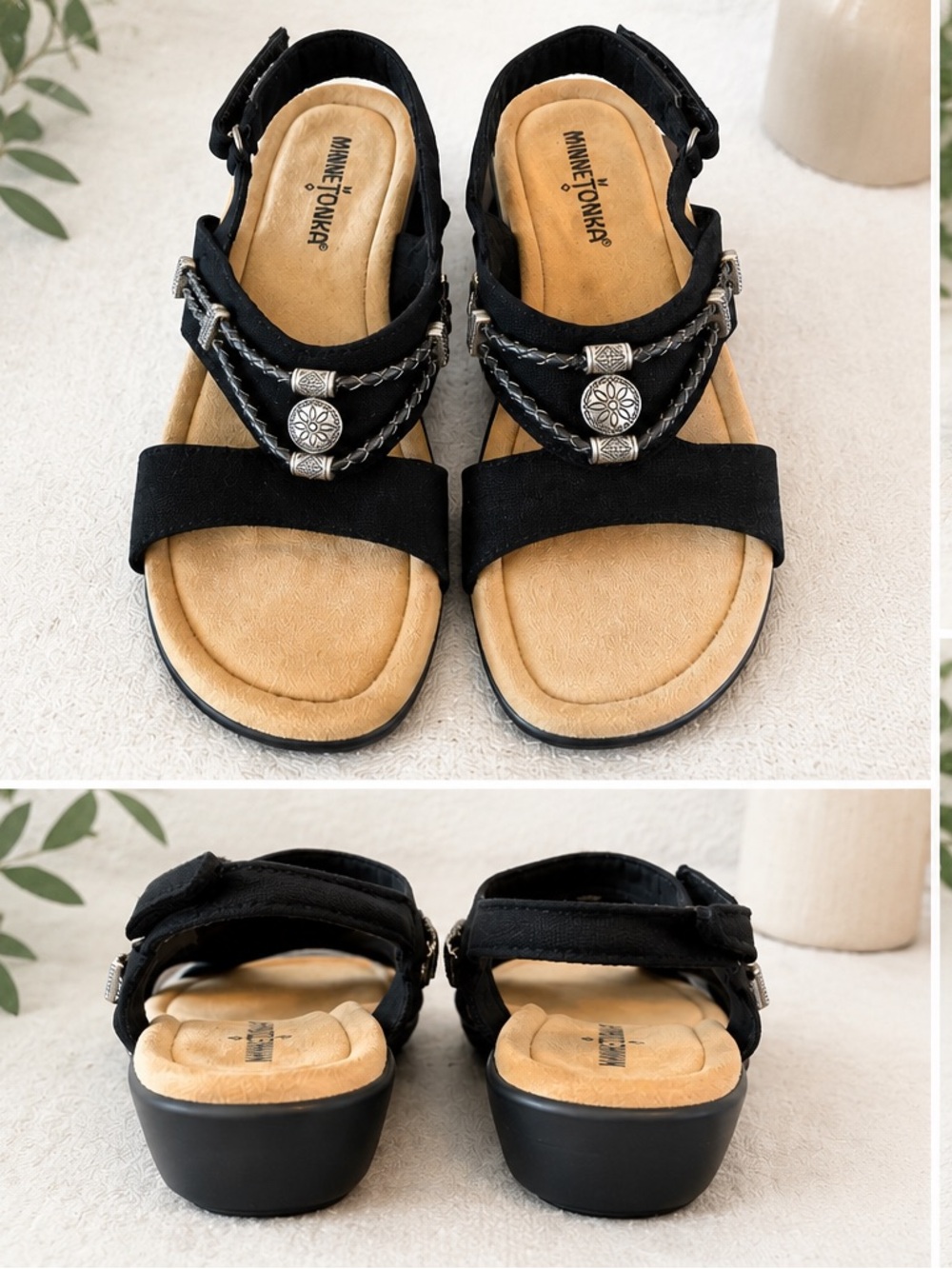 Minnetonka Black Slingback Sandals with Silver Concho Accents